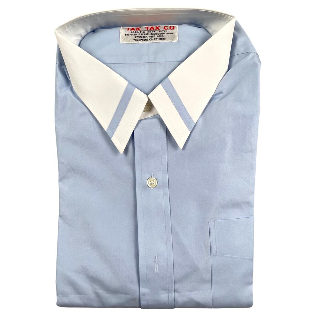 Vintage Tak Tak Tailor Hong Kong Custom Shirt Blue Contrast Collar MB